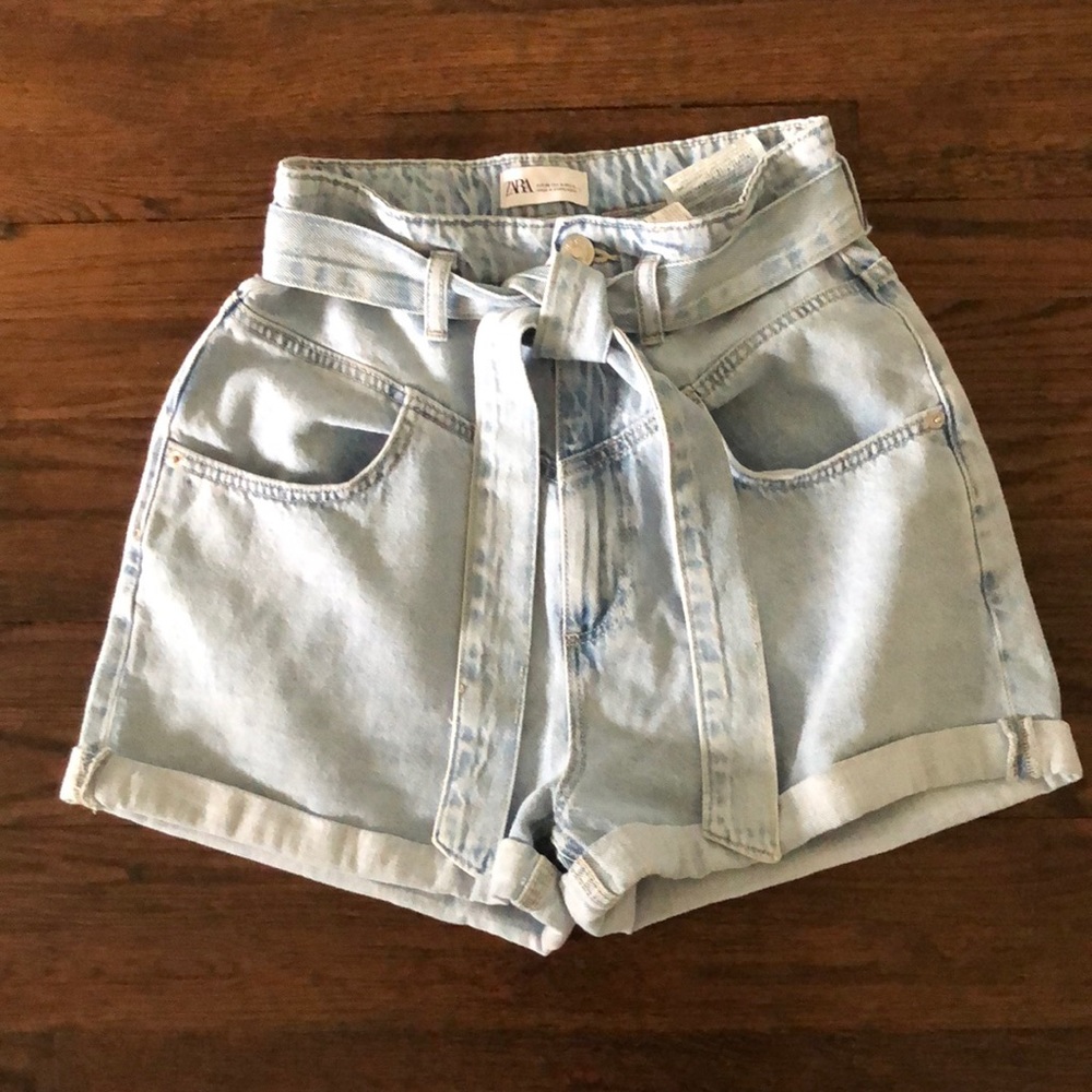 Zara High Waist Tie Blue Denim Shorts sz 36/4